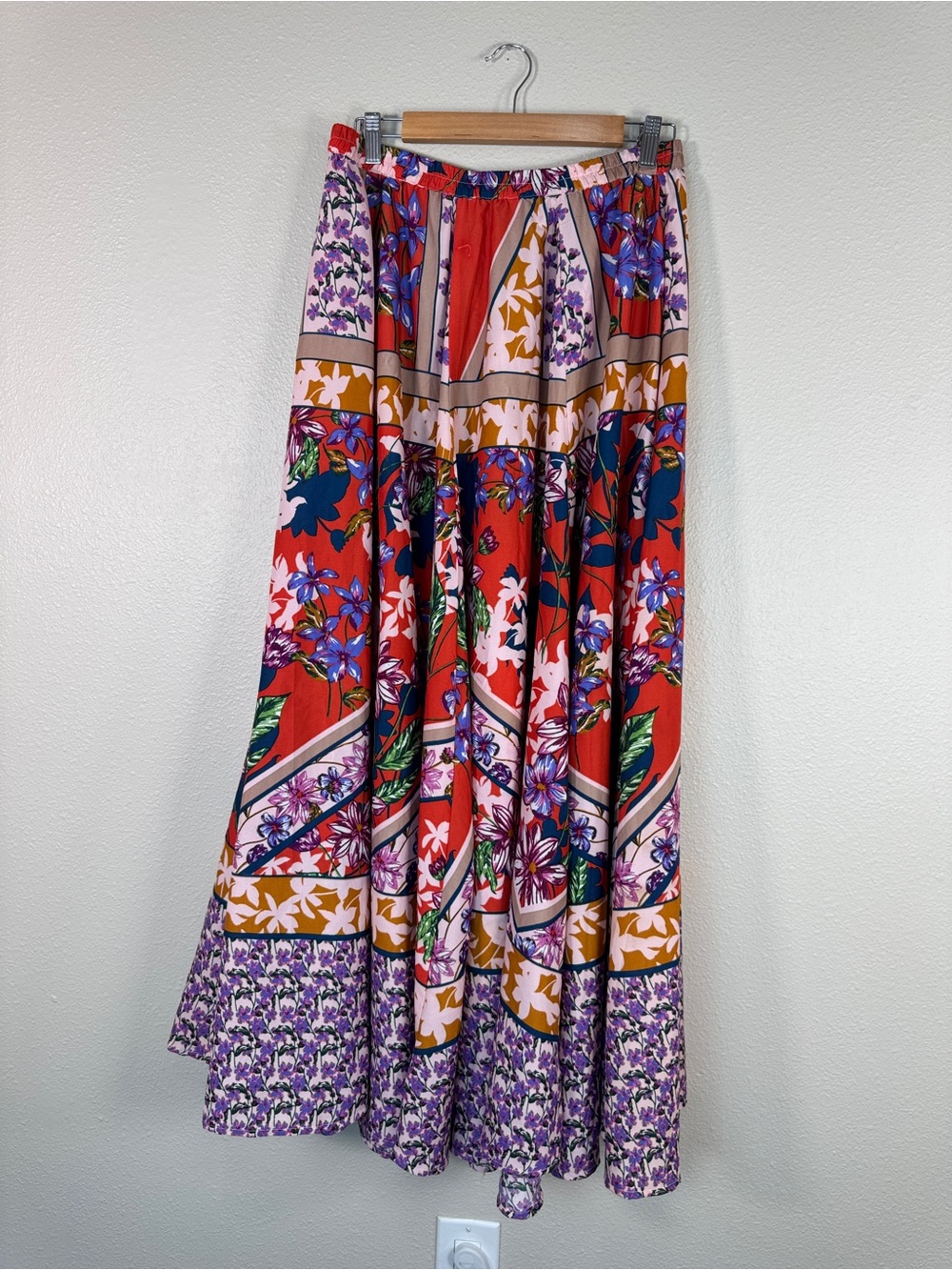 Cupio Red Purple Colorful Floral Maxi Circle Skirt Womens M Stretch Waist Casual
